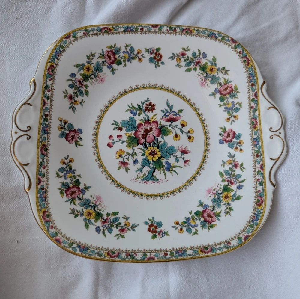 Coalport Ming Rose Bone China Floral Gold Detail Square Cake Plate Tab Handles